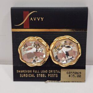 NWT 90s Savvy by Swarovski Octagon Clear Crystal Pierced Goldtone Earrings